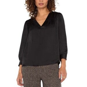 LIVERPOOL LOS‎ ANGELES Black V-Neck Pleated 3/4 Sleeve Top XS